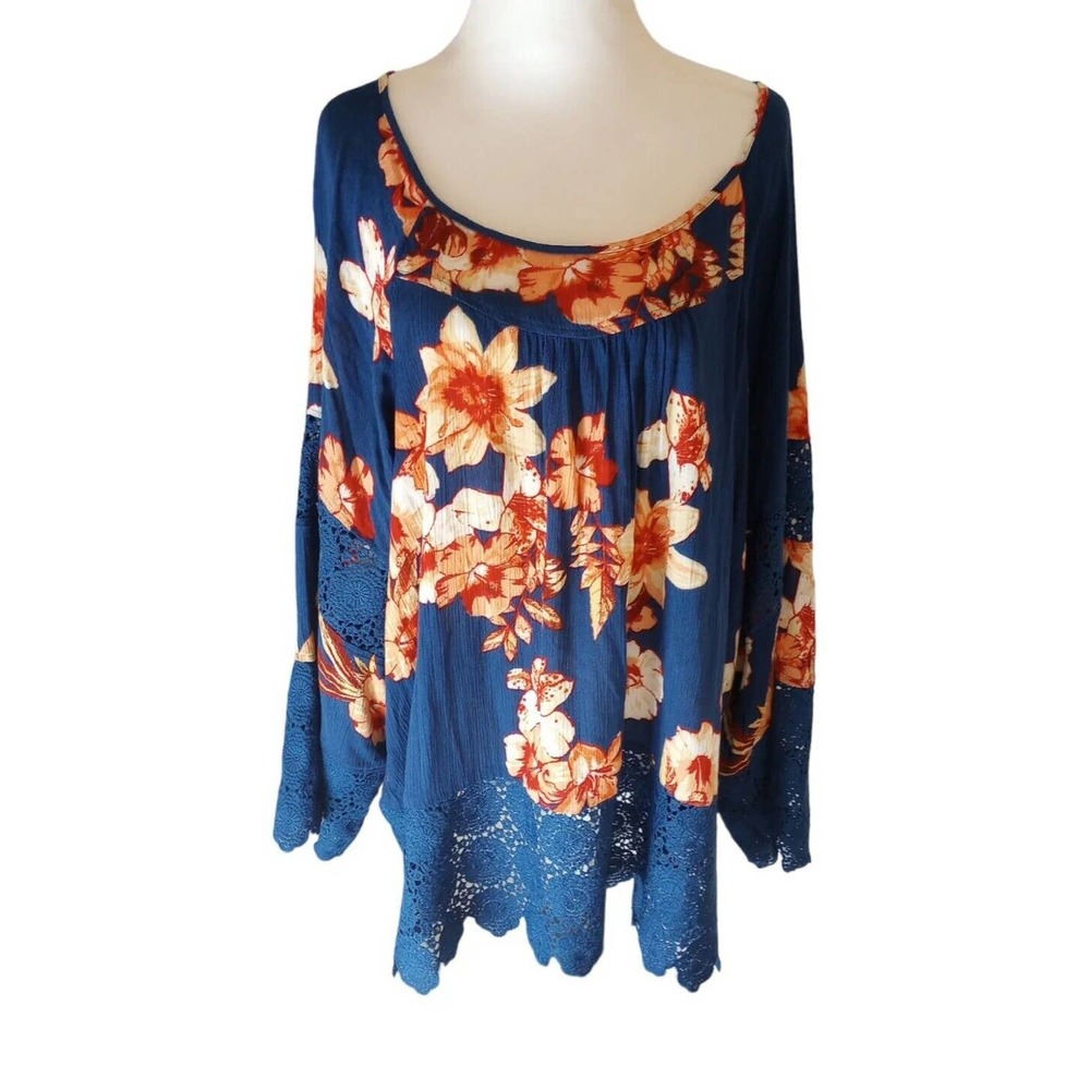 Curations Blouse Floral Crochet‎ Lace Peasent Boho Women Size 2X 3/4 Sleeve